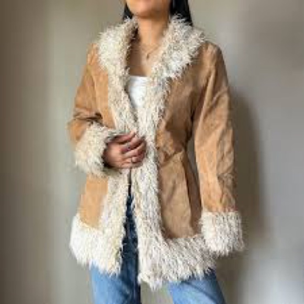 Tan Faux-Suede Jacket with Cream Faux-Shearling Trim